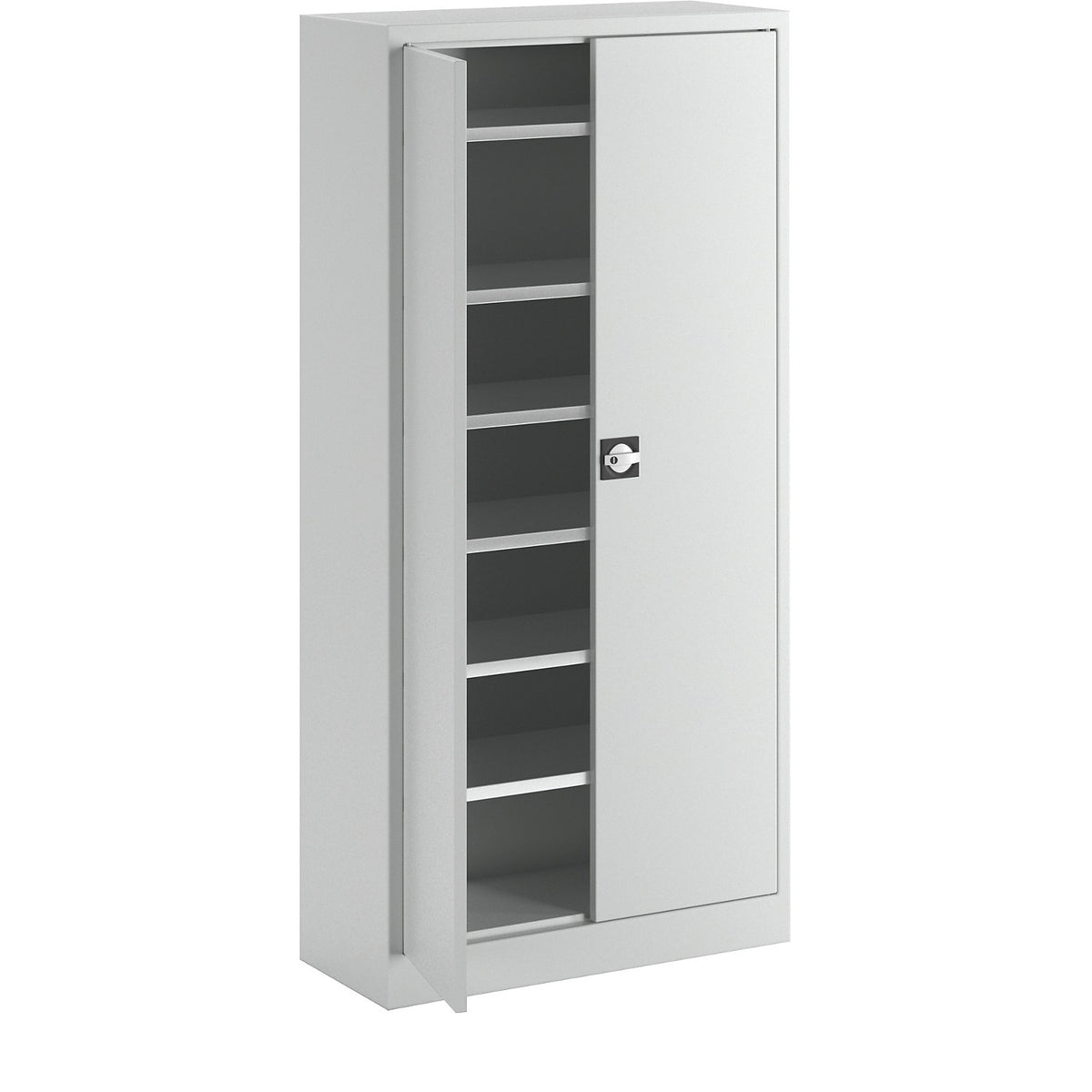 Double door cupboard made of sheet steel, HxWxD 1950 x 950 x 400 mm, 6 shelves, light grey RAL 7035.