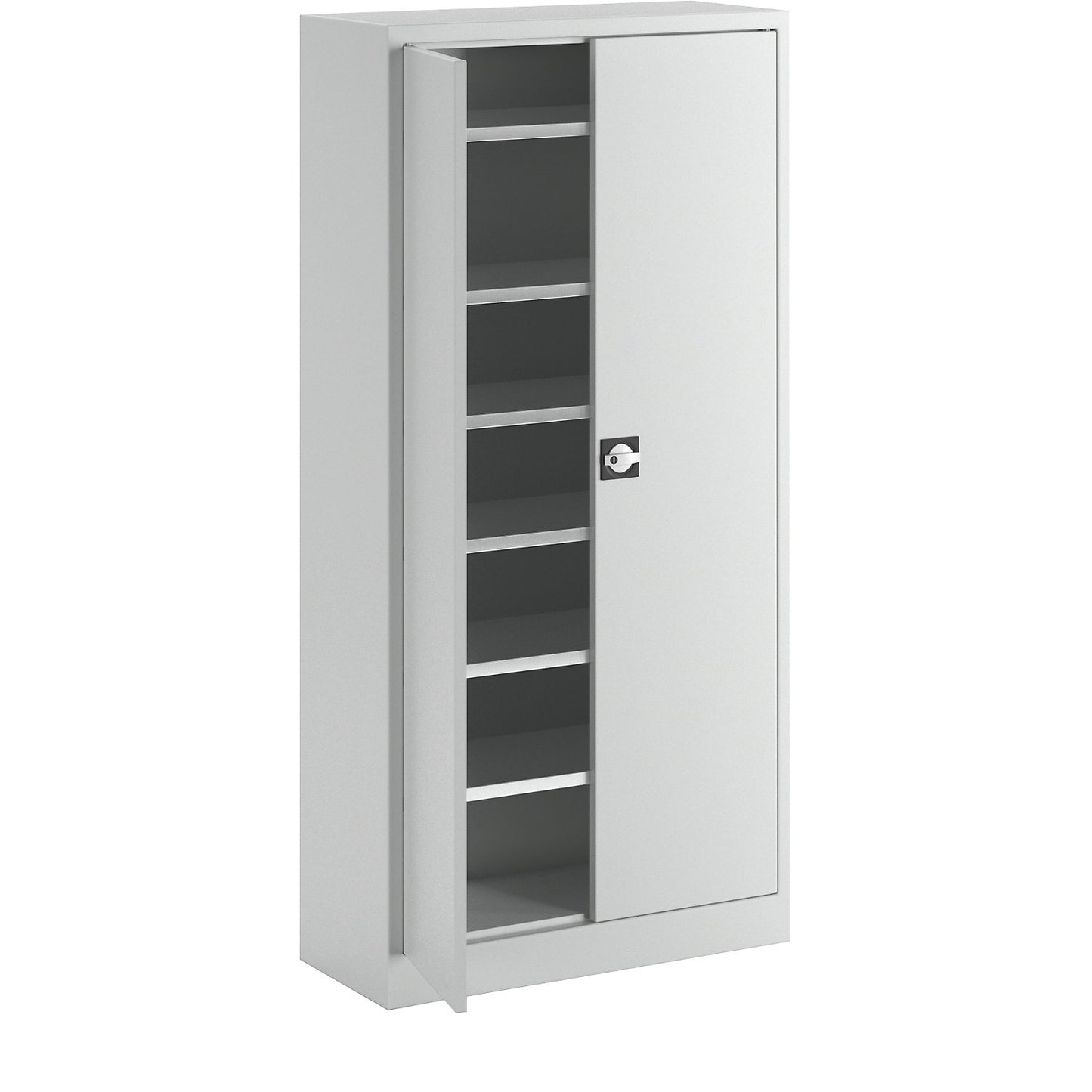 Double door cupboard made of sheet steel, HxWxD 1950 x 950 x 400 mm, 6 shelves, light grey RAL 7035.