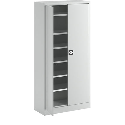 Double door cupboard made of sheet steel, HxWxD 1950 x 950 x 400 mm, 6 shelves, light grey RAL 7035.