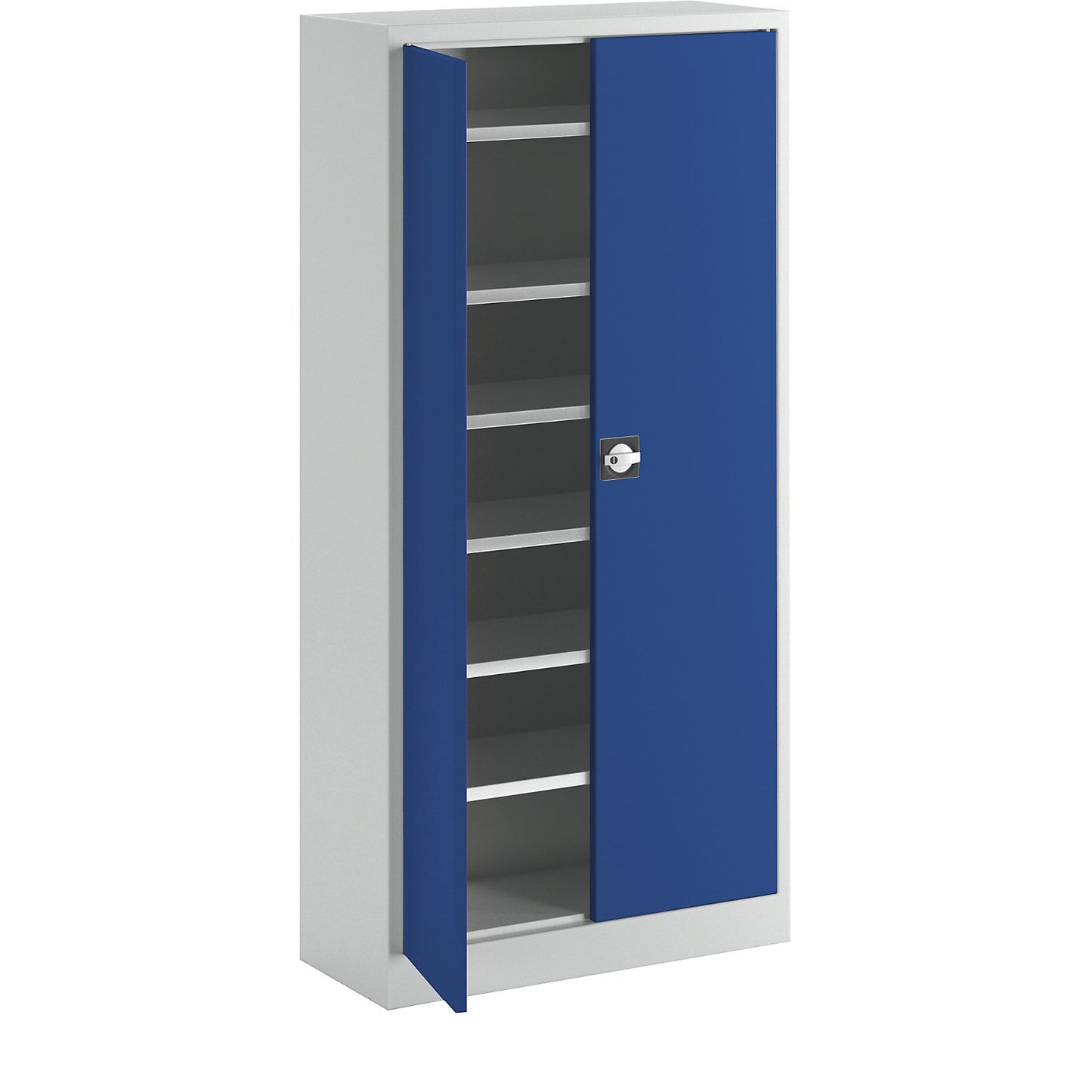 Double door cupboard made of sheet steel, HxWxD 1950 x 950 x 400 mm, 6 shelves, light grey RAL 7035 / gentian blue RAL 5010.
