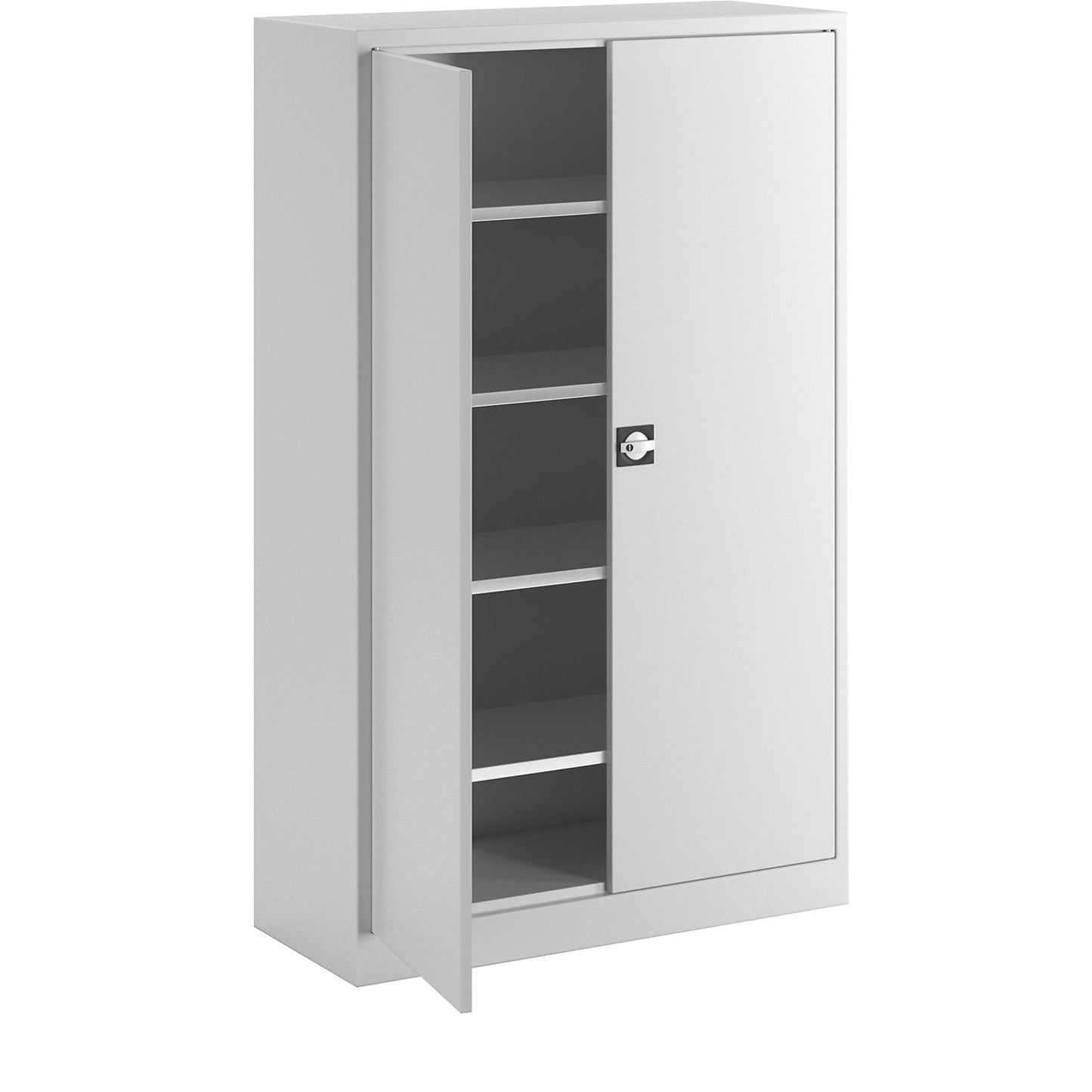 Double door cupboard made of sheet steel, HxWxD 1950 x 1200 x 500 mm, 4 shelves, body and doors light grey.
