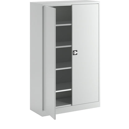 Double door cupboard made of sheet steel, HxWxD 1950 x 1200 x 500 mm, 4 shelves, body and doors light grey.