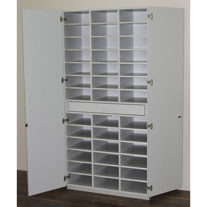 Sorting cupboard with hinged doors and sorting table, HxWxD 1864 x 913 x 440 mm, 39 compartments, light grey RAL 7035.