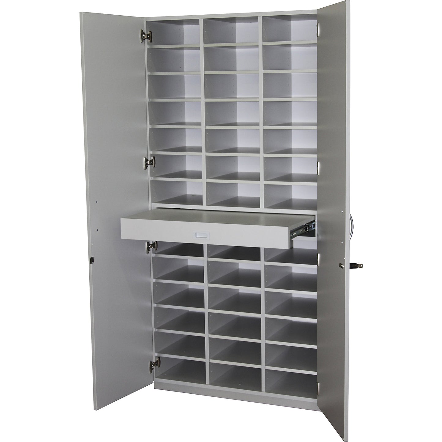 Sorting cupboard with hinged doors and sorting table, HxWxD 1864 x 913 x 440 mm, 39 compartments, light grey RAL 7035.