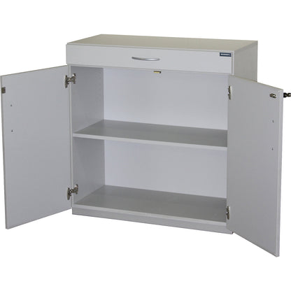 Equipment cupboard with sorting table, HxWxD 942 x 913 x 440 mm, lockable, light grey RAL 7035.