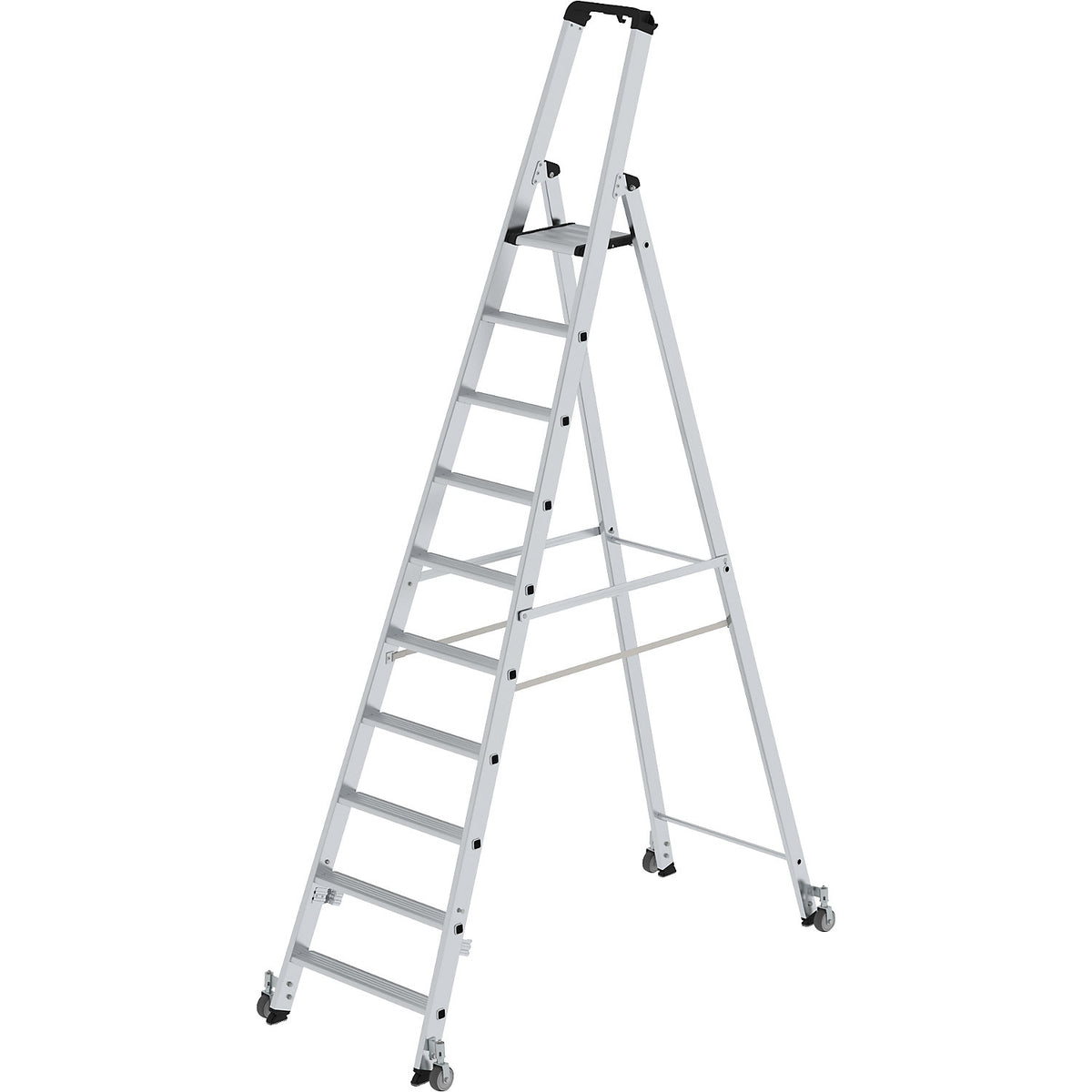 Step ladder, single sided, mobile model, 10 steps, platform height 2340 mm.