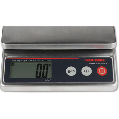 Compact scales, with 3 button operation, weighing range up to 5 kg, read-out accuracy 1 g, weighing plate 150 x 210 mm.