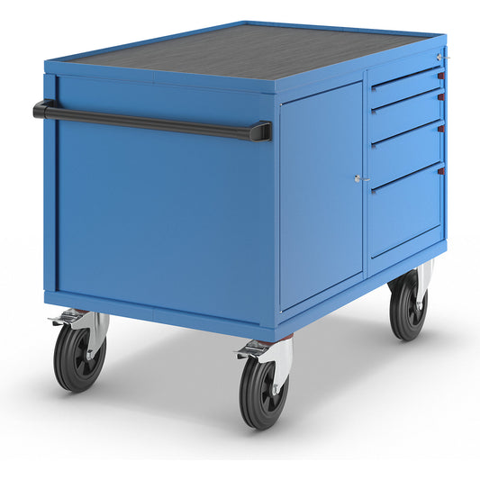 Assembly trolley, max. load 500 kg, 1 cupboard, 4 drawers, light blue RAL 5012.