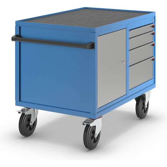 Assembly trolley, max. load 500 kg, 1 cupboard, 4 drawers, white aluminium RAL 9006 / light blue RAL 5012.
