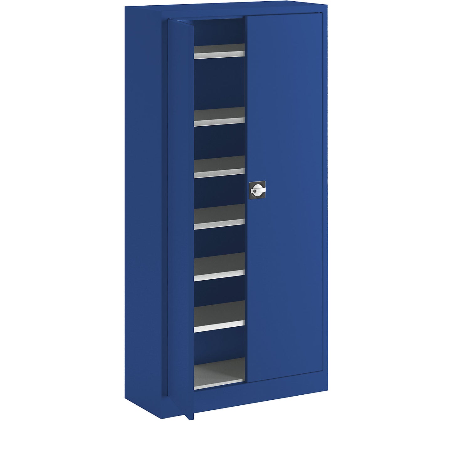 Double door cupboard made of sheet steel, HxWxD 1950 x 950 x 400 mm, 6 shelves, gentian blue RAL 5010.