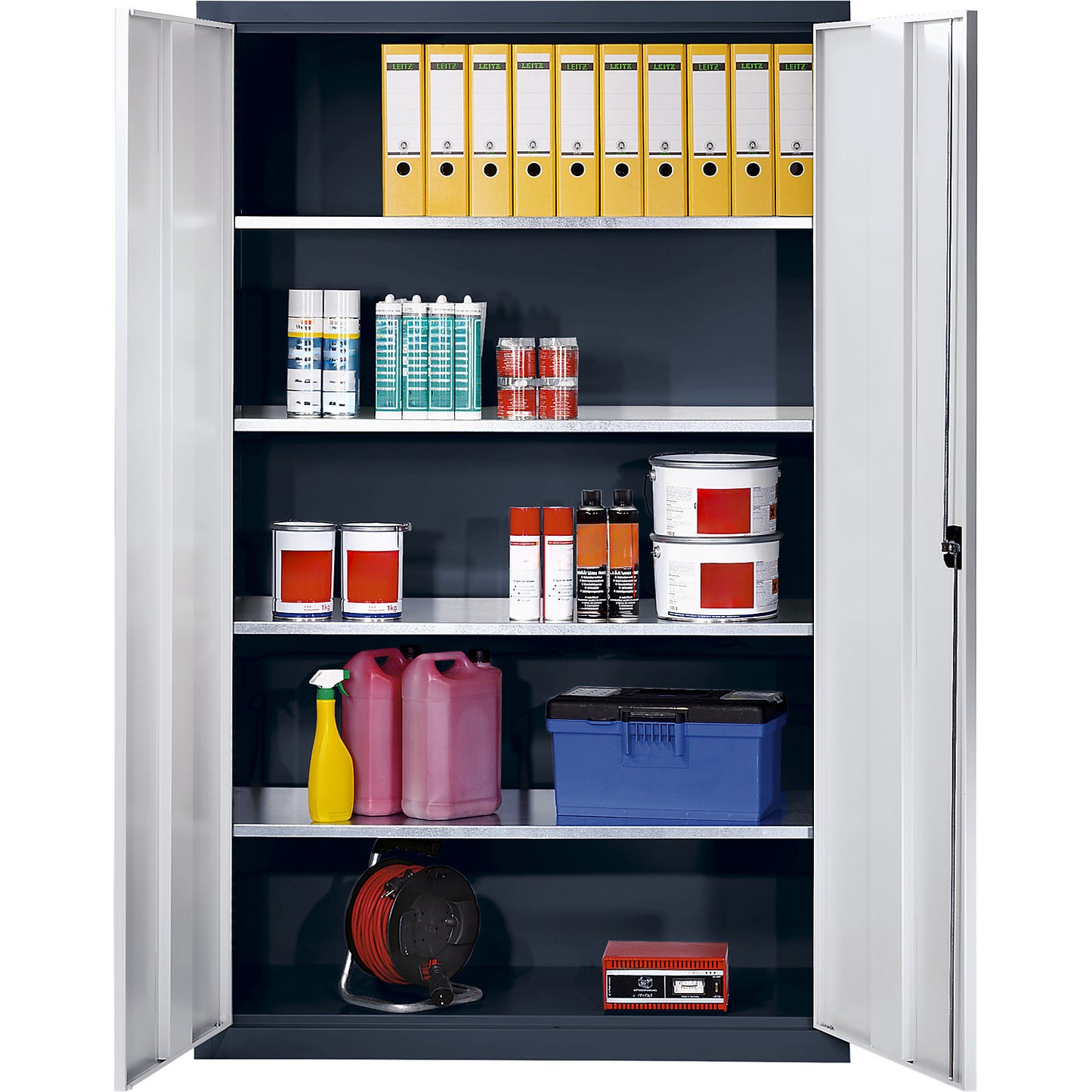 Double door cupboard made of sheet steel, HxWxD 1950 x 1200 x 500 mm, 4 shelves, body in jet black, doors in light grey.