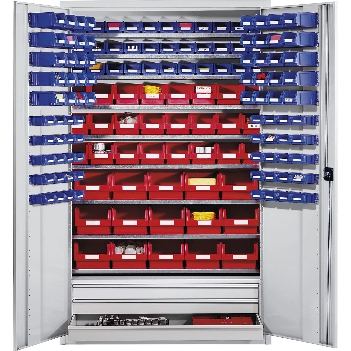 Large cupboard made of sheet steel, with 9 shelves, 152 open fronted storage bins and 3 drawers, body and doors light grey.