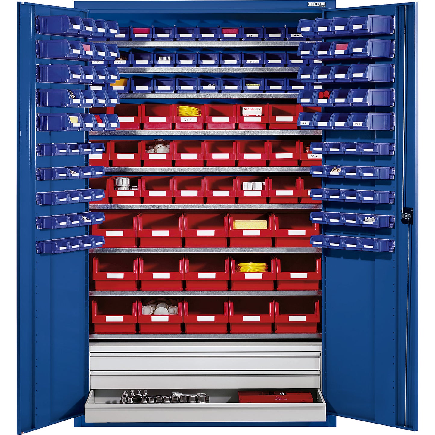 Large cupboard made of sheet steel, with 9 shelves, 152 open fronted storage bins and 3 drawers, body and doors gentian blue.
