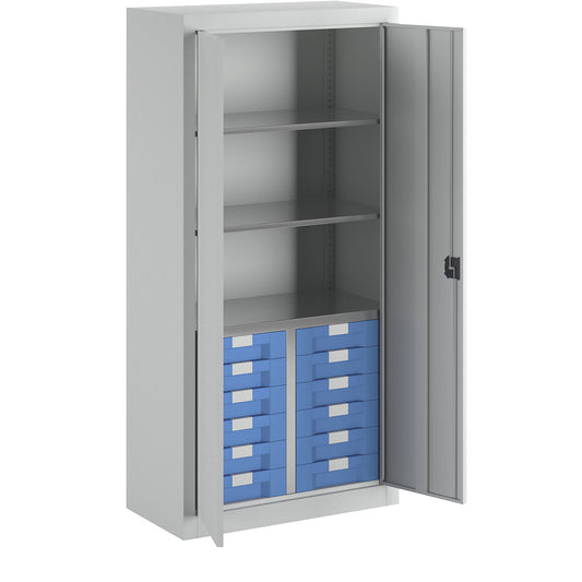 Storage and drawer cupboard, 3 shelves, 12 drawers, light grey RAL 7035.