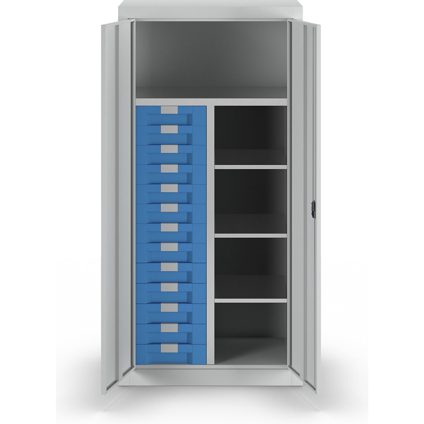 Storage and drawer cupboard, 4 shelves, 13 drawers, light grey RAL 7035.
