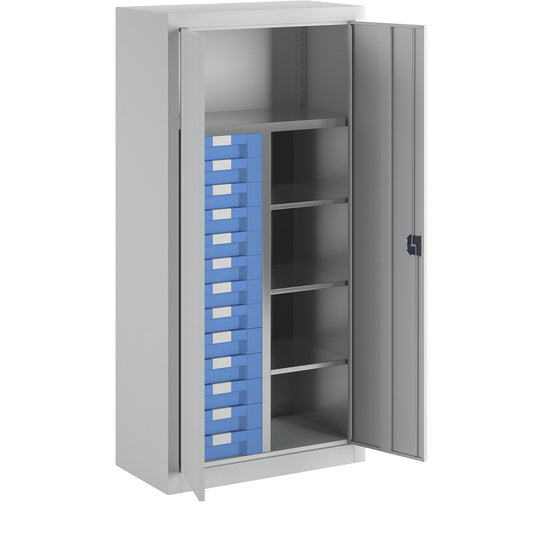 Storage and drawer cupboard, 4 shelves, 13 drawers, light grey RAL 7035.