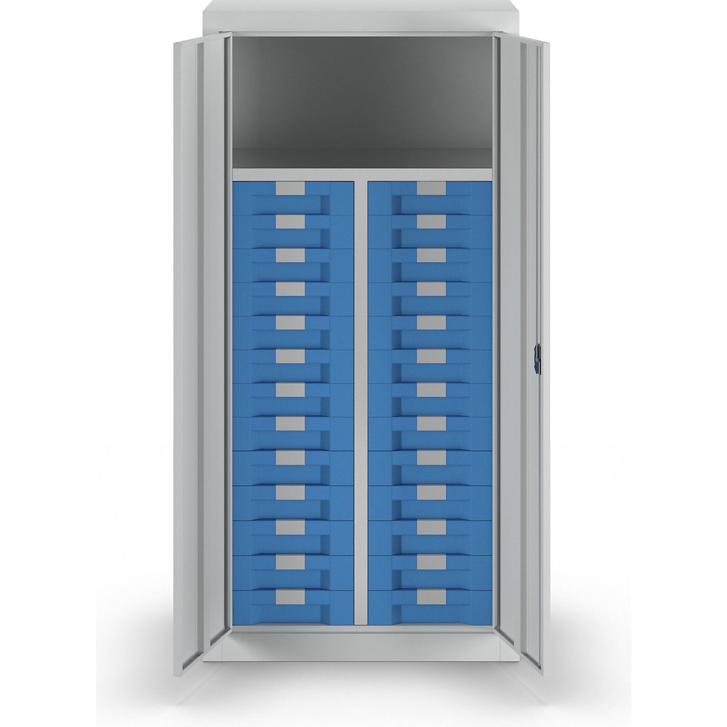 Storage and drawer cupboard, 1 shelf, 26 drawers, light grey RAL 7035.