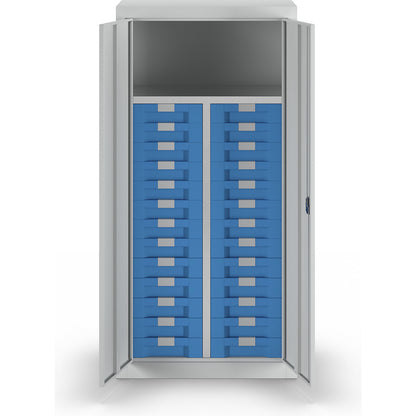 Storage and drawer cupboard, 1 shelf, 26 drawers, light grey RAL 7035.