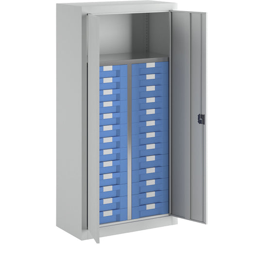 Storage and drawer cupboard, 1 shelf, 26 drawers, light grey RAL 7035.