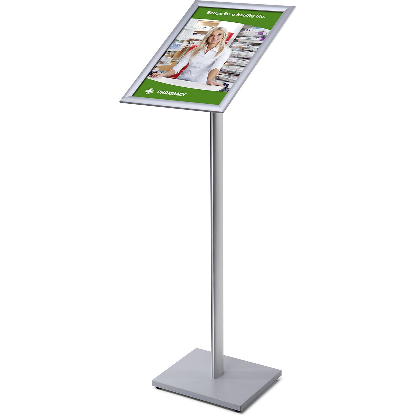 Info stand, horizontal format height 1060 mm / vertical format height 1080 mm, for A4 format.