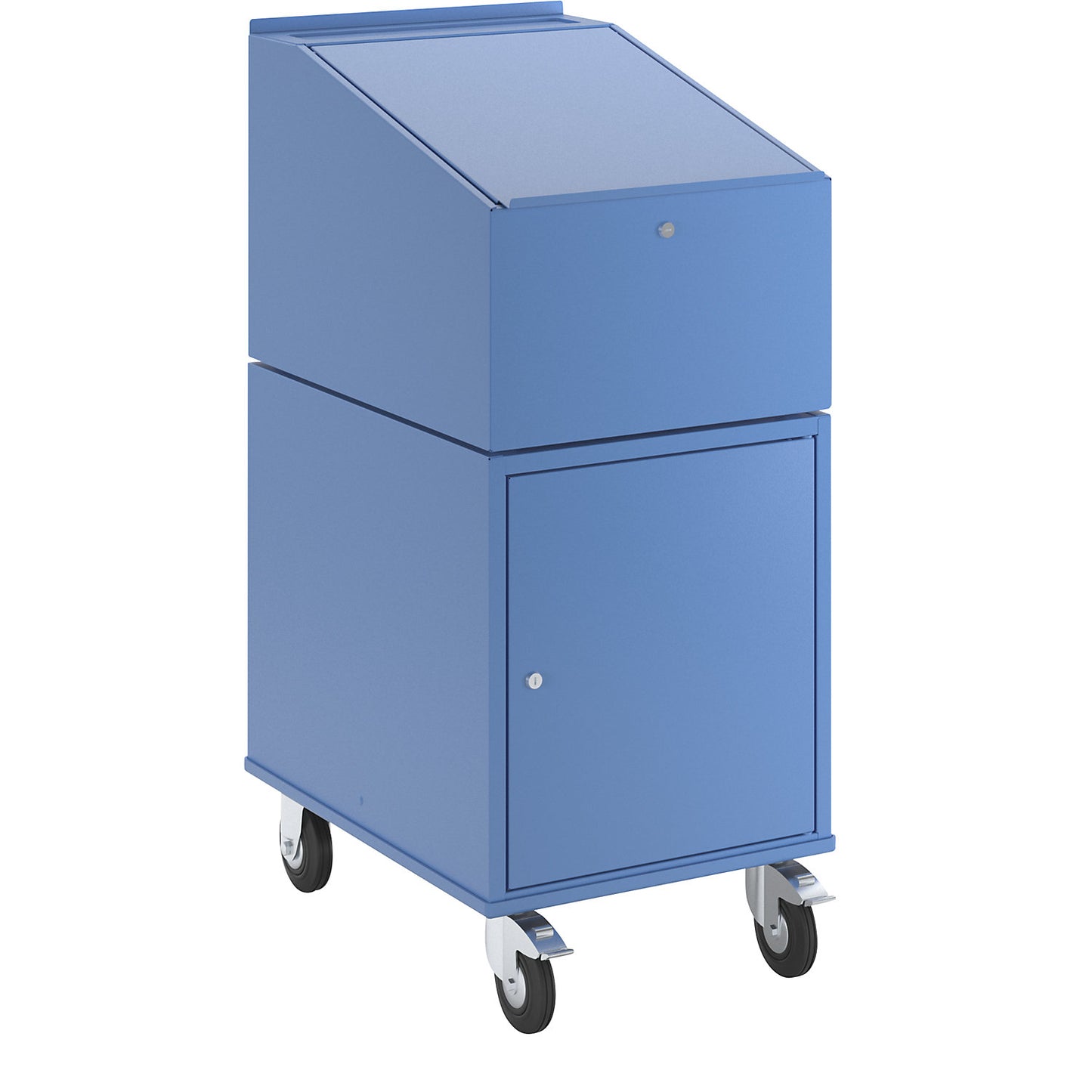 Roller desk, with cupboard incl. 2 shelves, colour light blue RAL 5012.