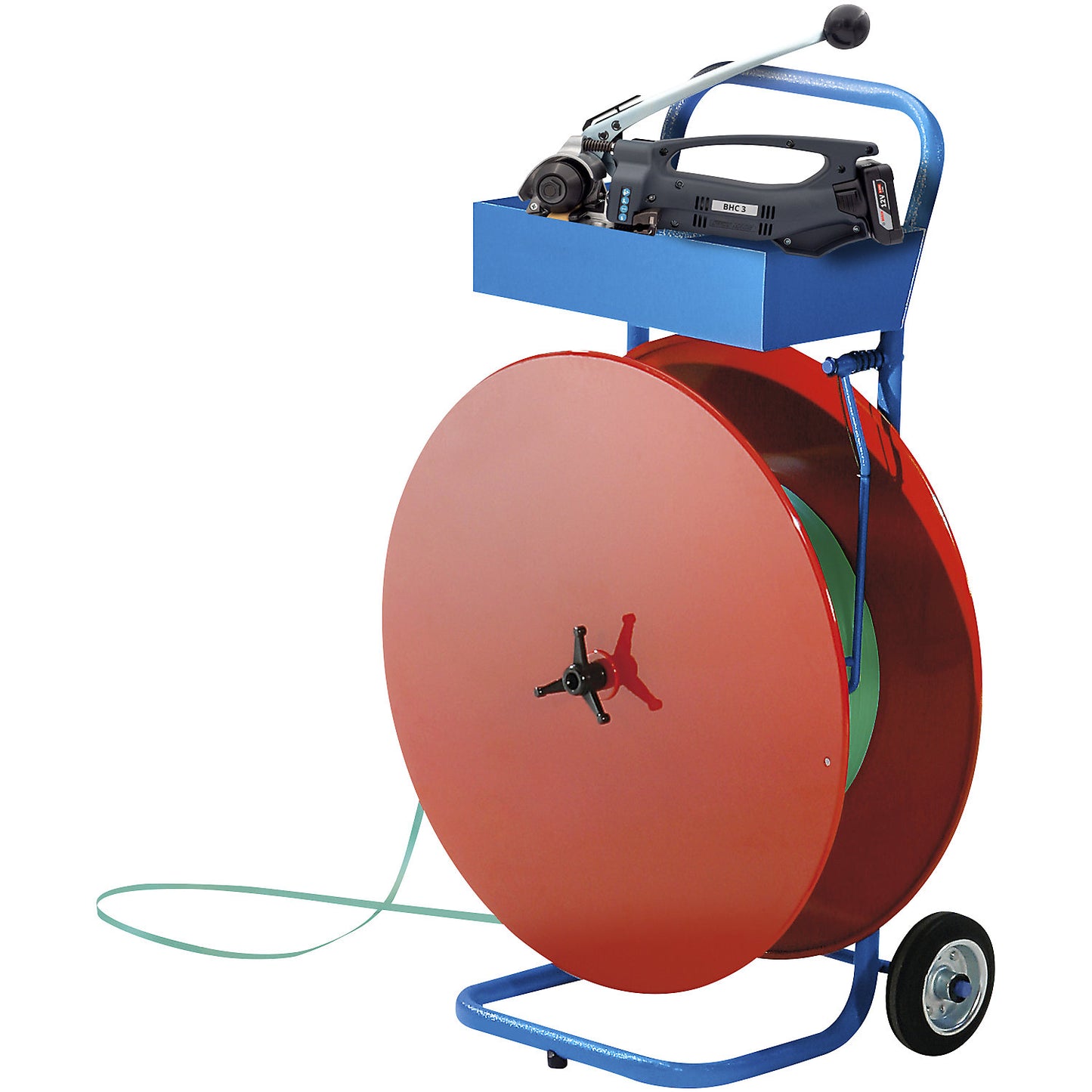 Strapping set, PET strapping, semi automatic tensioning tool, mobile strap dispenser, strap, strap width 19 mm.