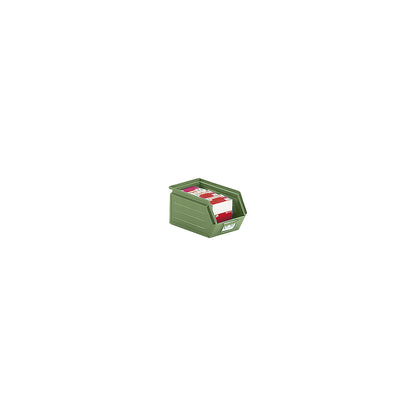 Open fronted storage bin made of sheet steel, LxWxH 240 x 148 x 130 mm, reseda green.
