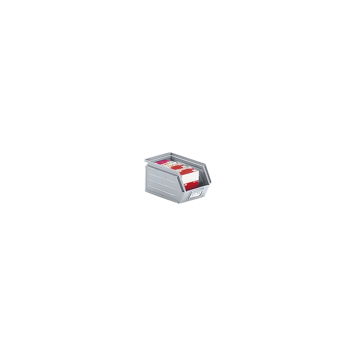 Open fronted storage bin made of sheet steel, LxWxH 240 x 148 x 130 mm, zinc plated.