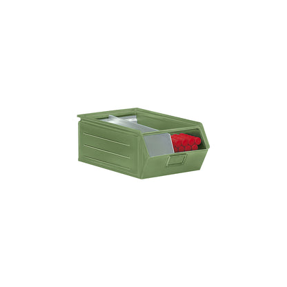 Open fronted storage bin made of sheet steel, LxWxH 515 x 310 x 200 mm, with support rod, reseda green.