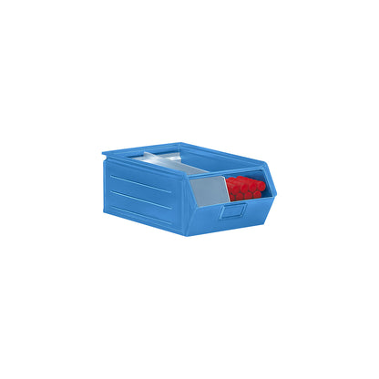 Open fronted storage bin made of sheet steel, LxWxH 515 x 310 x 200 mm, with support rod, light blue.