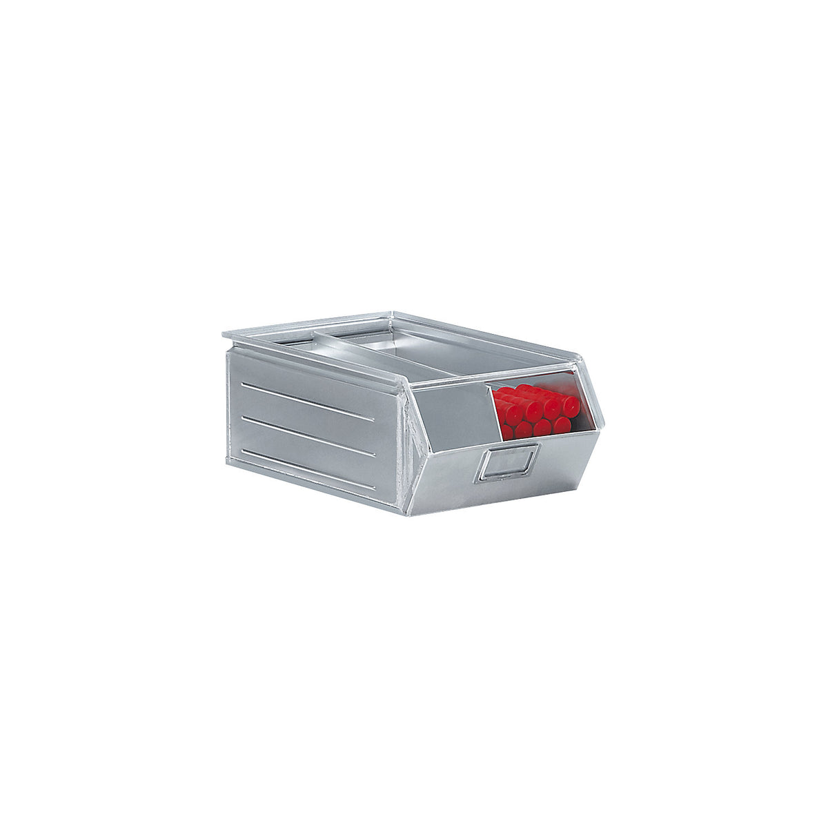 Open fronted storage bin made of sheet steel, LxWxH 515 x 310 x 200 mm, with support rod, zinc plated.