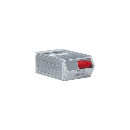 Open fronted storage bin made of sheet steel, LxWxH 515 x 310 x 200 mm, with support rod, zinc plated.