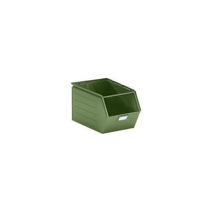 Open fronted storage bin made of sheet steel, LxWxH 544 x 310 x 300 mm, with support rod, reseda green.