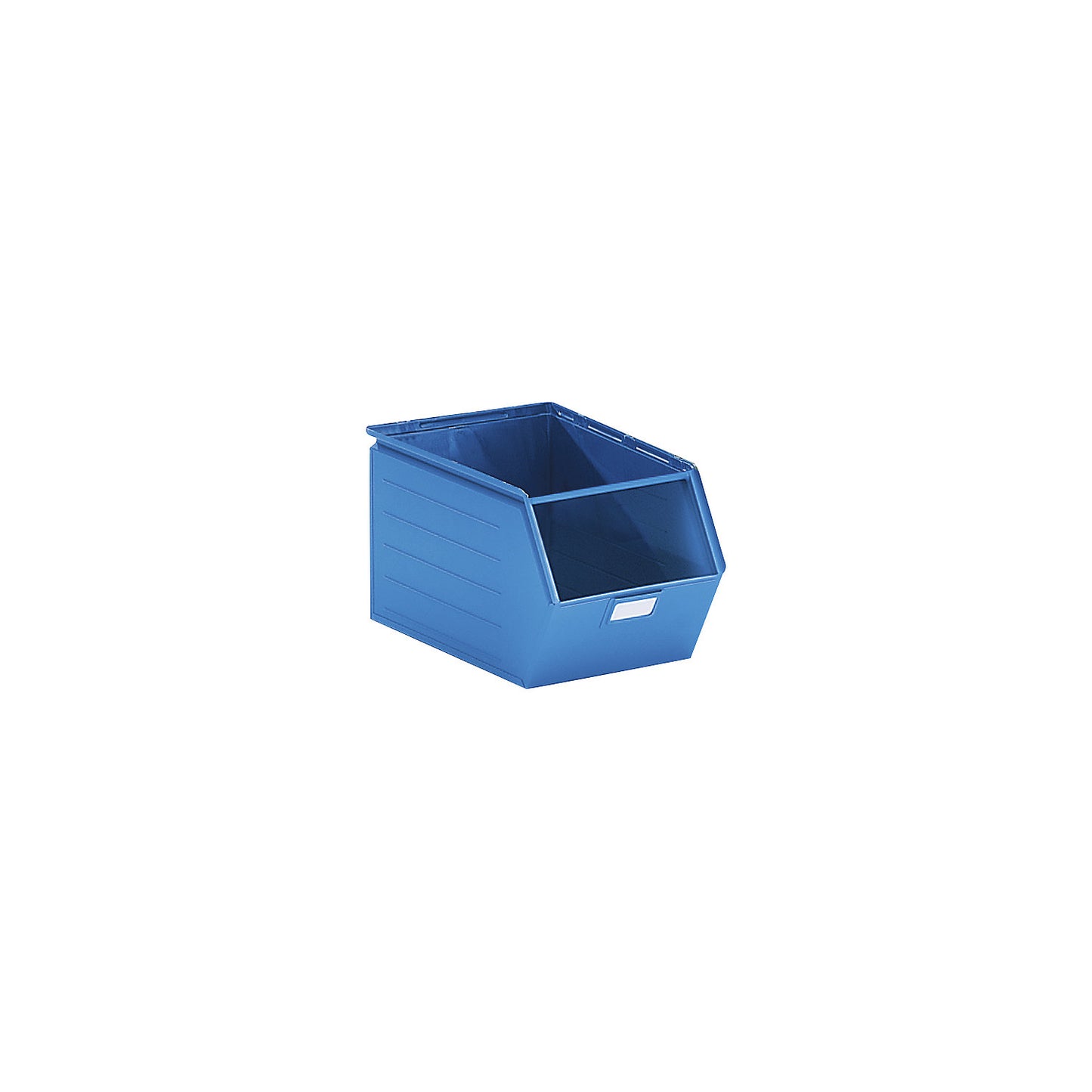 Open fronted storage bin made of sheet steel, LxWxH 544 x 310 x 300 mm, with support rod, light blue.
