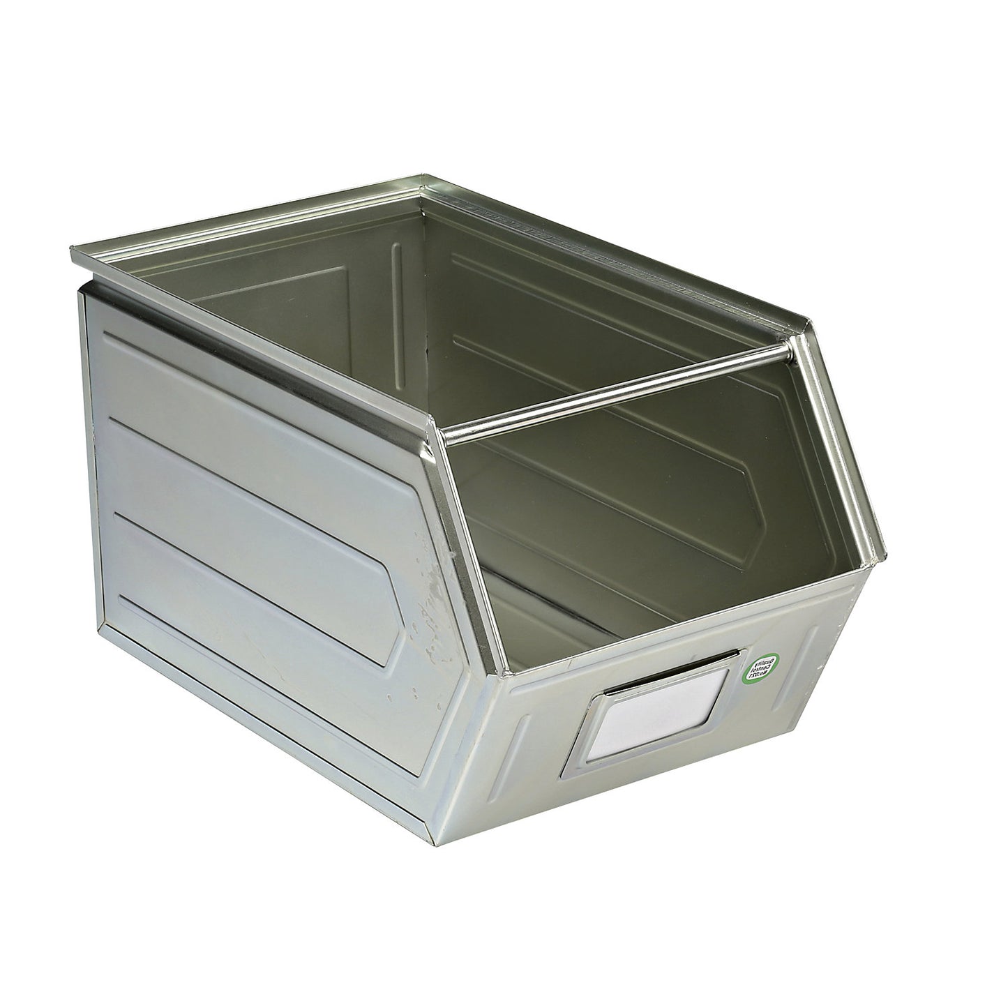 Open fronted storage bin made of sheet steel, LxWxH 544 x 310 x 300 mm, with support rod, zinc plated.