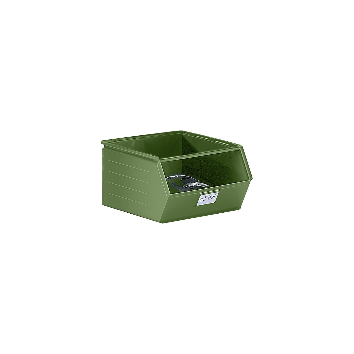 Open fronted storage bin made of sheet steel, LxWxH 544 x 460 x 300 mm, with support rod, reseda green.