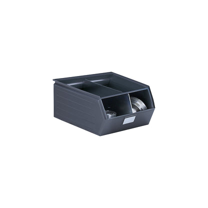 Open fronted storage bin made of sheet steel, LxWxH 700 x 450 x 300 mm, with support rod, basalt grey.