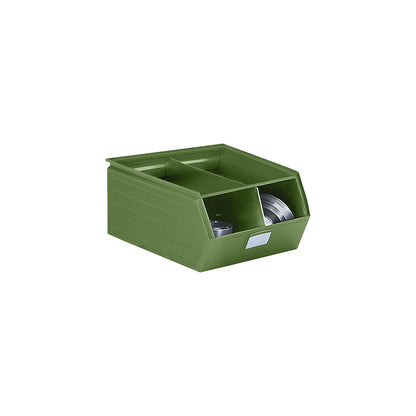 Open fronted storage bin made of sheet steel, LxWxH 700 x 450 x 300 mm, with support rod, reseda green.