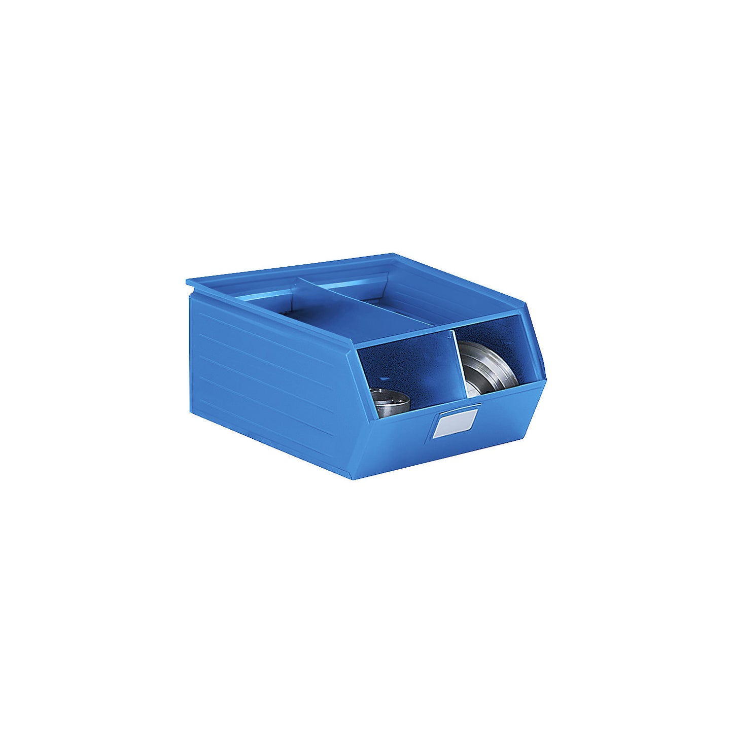 Open fronted storage bin made of sheet steel, LxWxH 700 x 450 x 300 mm, with support rod, light blue.