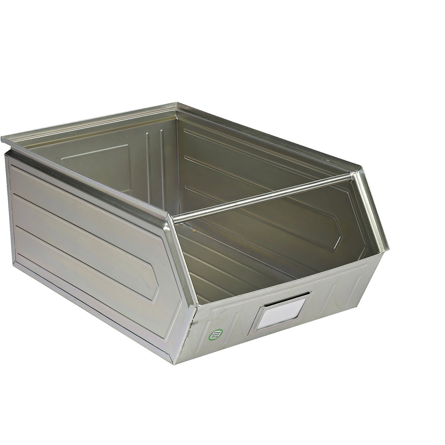 Open fronted storage bin made of sheet steel, LxWxH 700 x 450 x 300 mm, with support rod, zinc plated.
