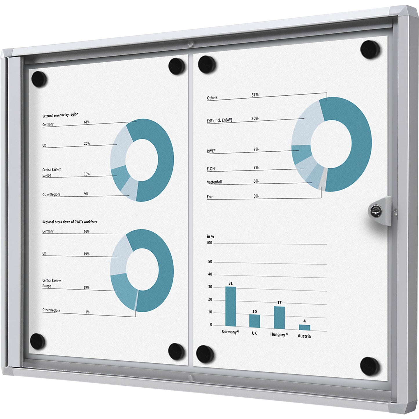 Display case for indoor use, metal rear panel, 2 x A4 sheets, HxW 350 x 491 mm.