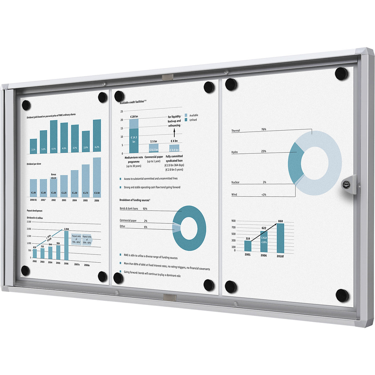 Display case for indoor use, metal rear panel, 3 x A4 sheets, HxW 350 x 711 mm.