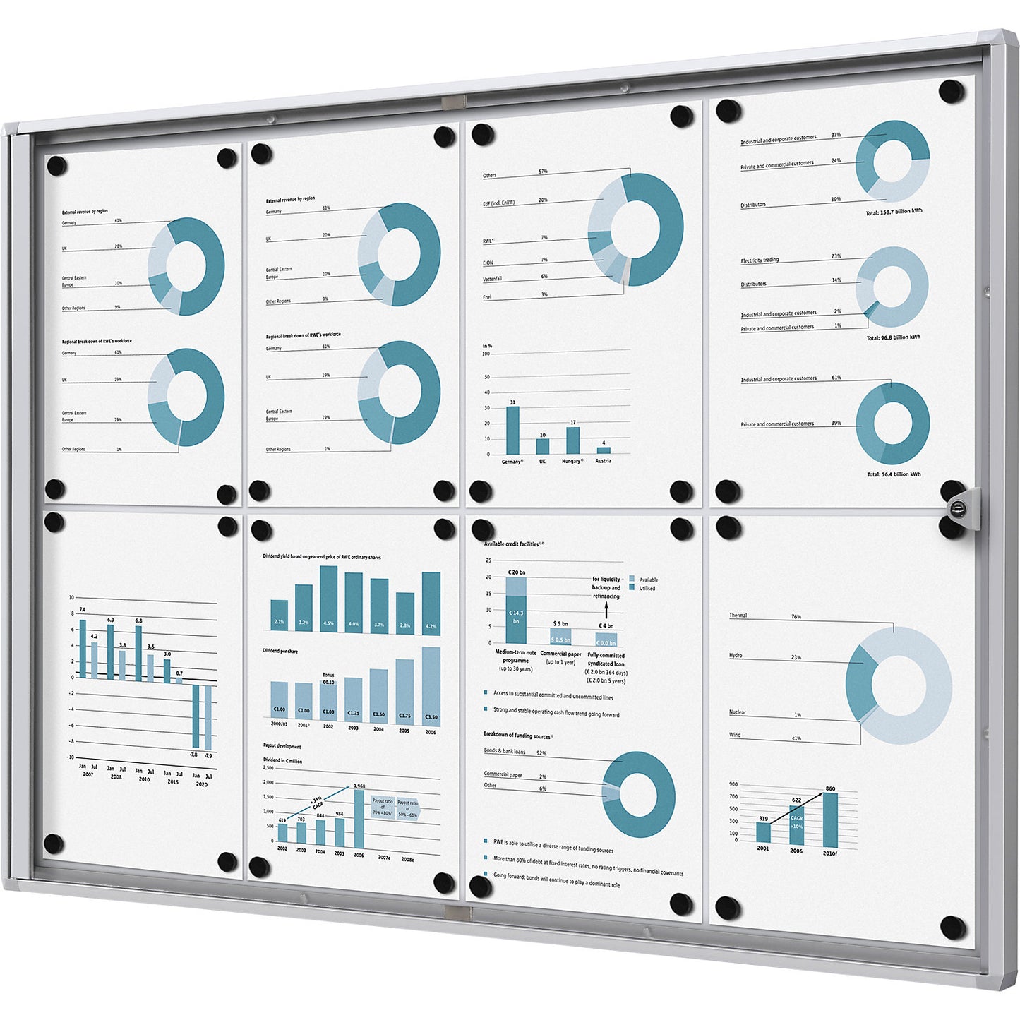 Display case for indoor use, metal rear panel, 8 x A4 sheets, HxW 655 x 931 mm.