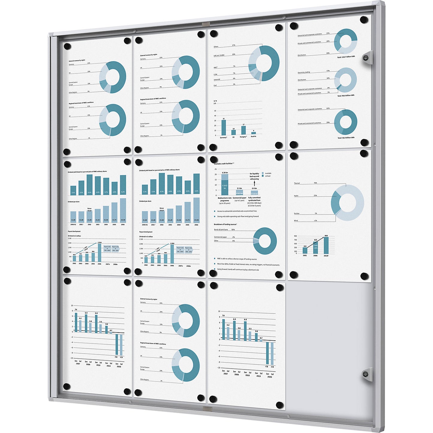 Display case for indoor use, metal rear panel, 12 x A4 sheets, HxW 963 x 931 mm.