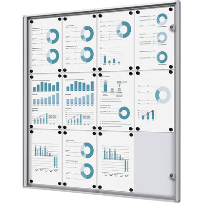 Display case for indoor use, metal rear panel, 12 x A4 sheets, HxW 963 x 931 mm.