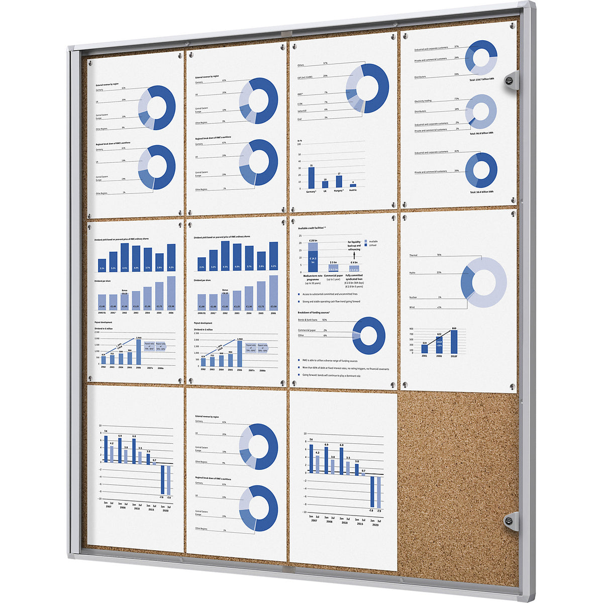 Display case for indoor use, cork rear panel, 12 x A4 sheets, HxW 963 x 931 mm.
