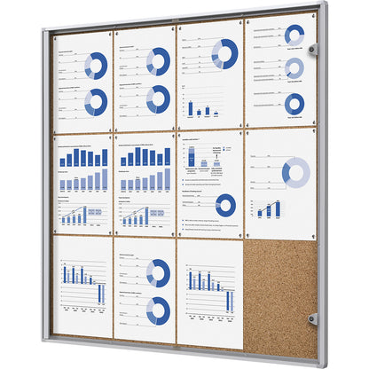 Display case for indoor use, cork rear panel, 12 x A4 sheets, HxW 963 x 931 mm.