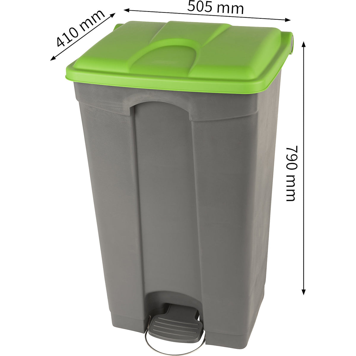 Foot pedal bin, capacity 90 l, WxHxD 505 x 790 x 410 mm, grey, green lid.