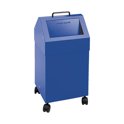 Recyclable waste collector with flap, capacity 45 l, WxHxD 320 x 710 x 310 mm, mobile, blue RAL 5010.