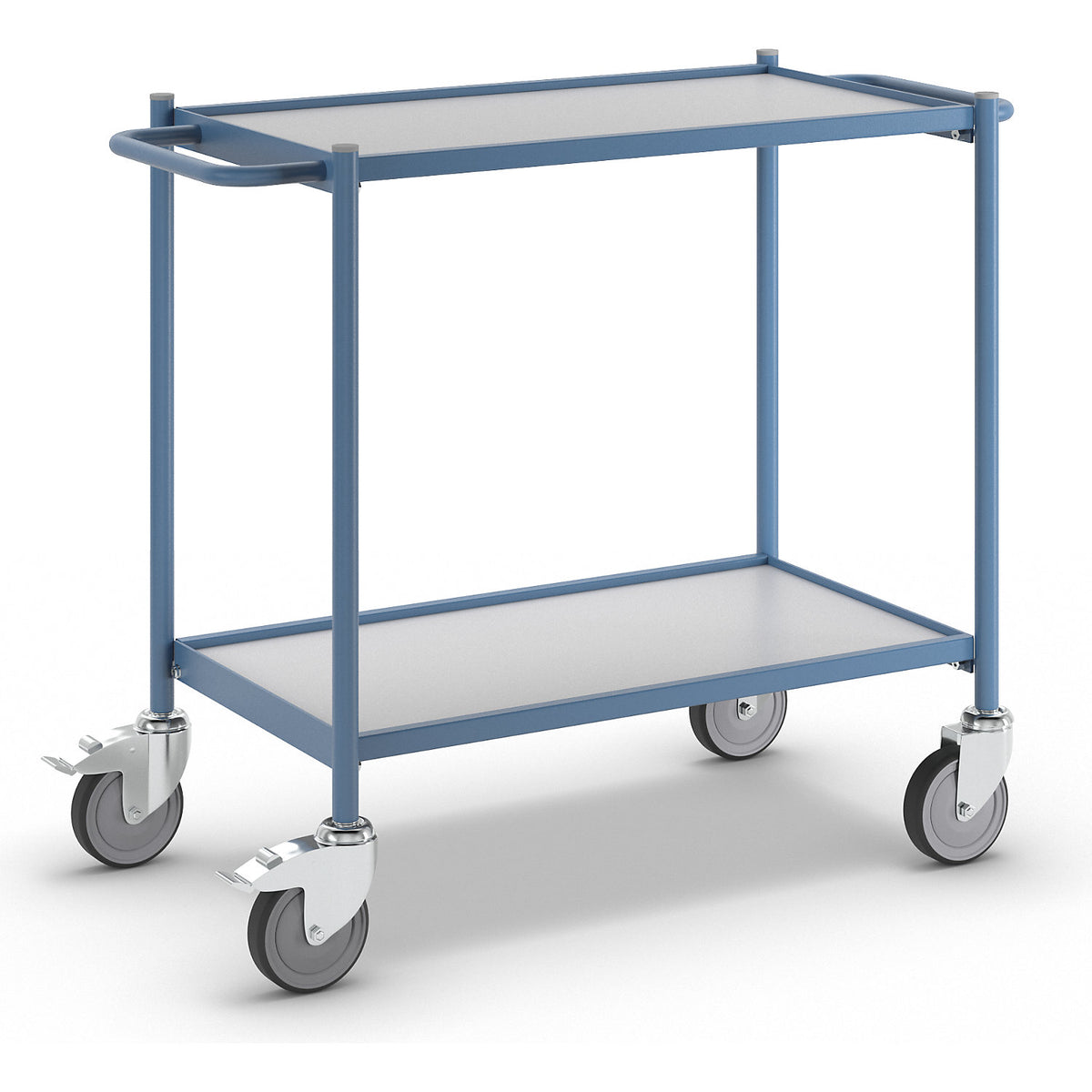Table trolley, max. load 150 kg, with push handle, 2 shelves, 4 swivel castors, 2 with double stops.